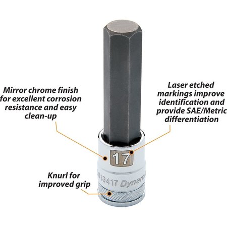 Dynamic Tools 1/2" Drive Metric Hex Head, 10mm Long Bit, Chrome Finish Socket D013410